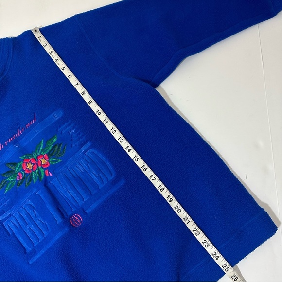 Vtg 80s Limited Fleece Pullover Blue Embroidered Floral Stamped Logo - Picture 5 of 7